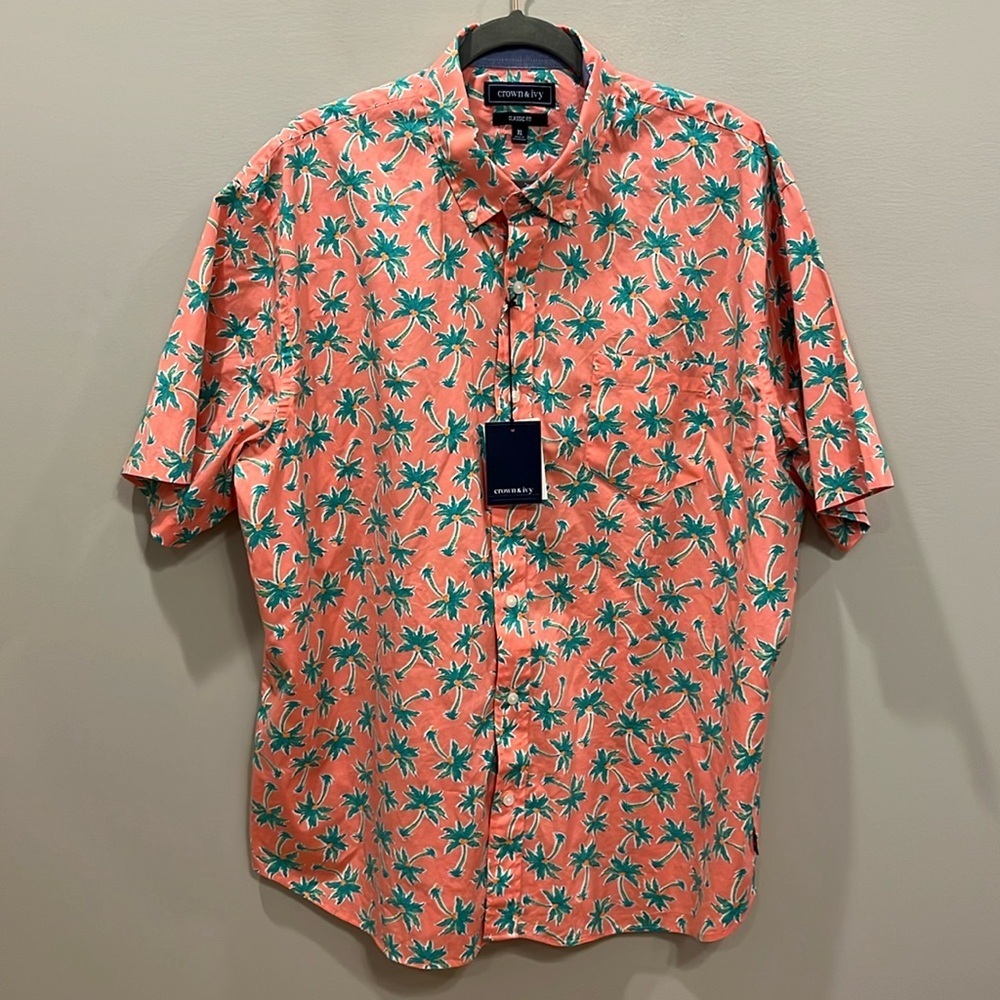 crown & ivy Coral Shirt with Green Palm Print Casual Button-Down